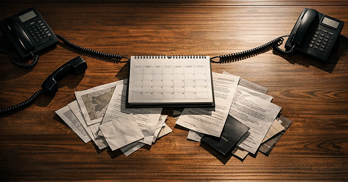Two telephones on opposite ends of a desk with stretched cords, symbolizing communication breakdown