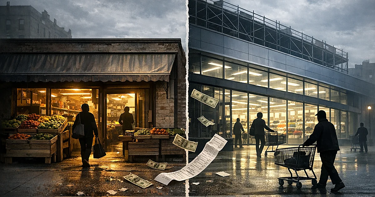 Split view of small independent grocery beside large modern supermarket with silhouetted shoppers and scattered money