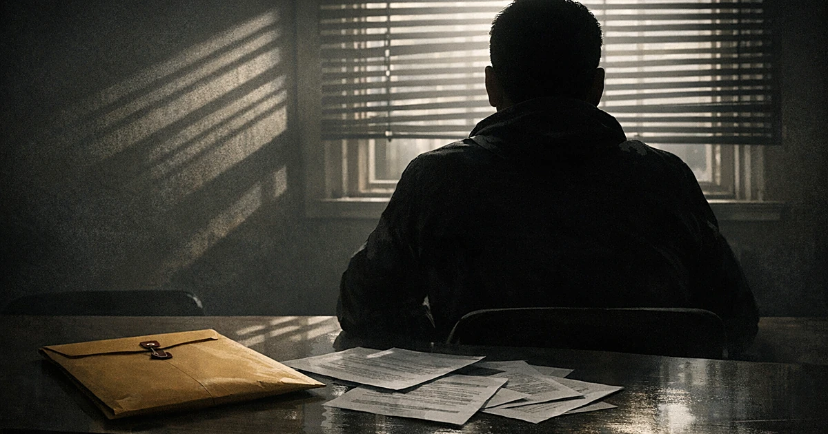 Silhouetted person at table with sealed envelope and documents in room with venetian blind shadows