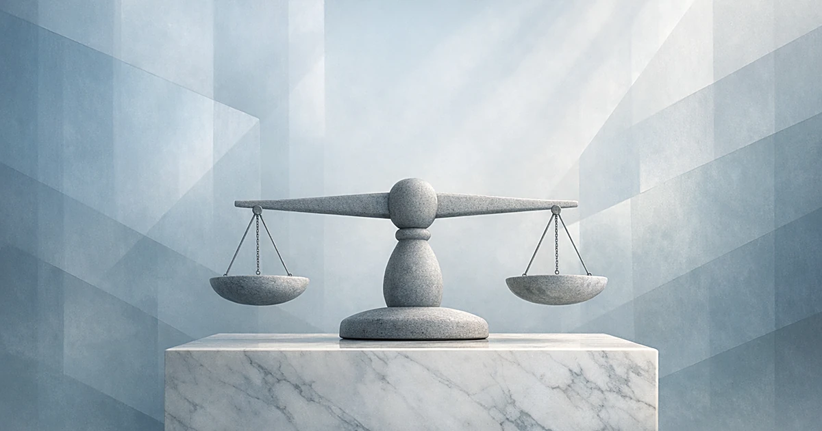 Abstract stone scales balanced on marble pedestal with soft geometric light patterns