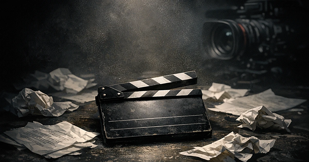 Closed film clapperboard surrounded by crumpled script pages in dramatic spotlight suggesting cancelled production