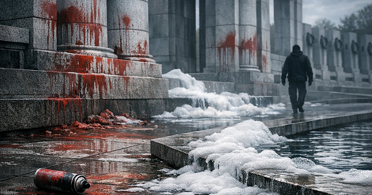 Memorial pavilion with red spray paint vandalism on stone columns and soapy foam in reflecting pool