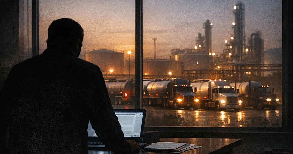 Silhouette at desk overlooking fuel tankers at industrial facility through window at dusk