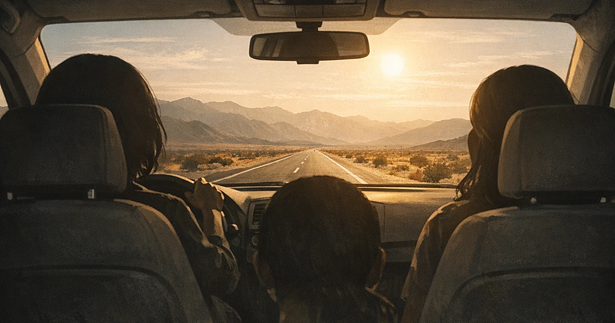 View from inside car showing silhouettes of three people on desert highway road trip