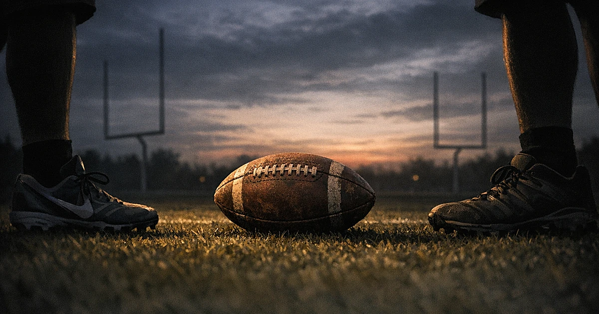 Football on empty field with two pairs of shoes facing each other from opposite sides in confrontational stance