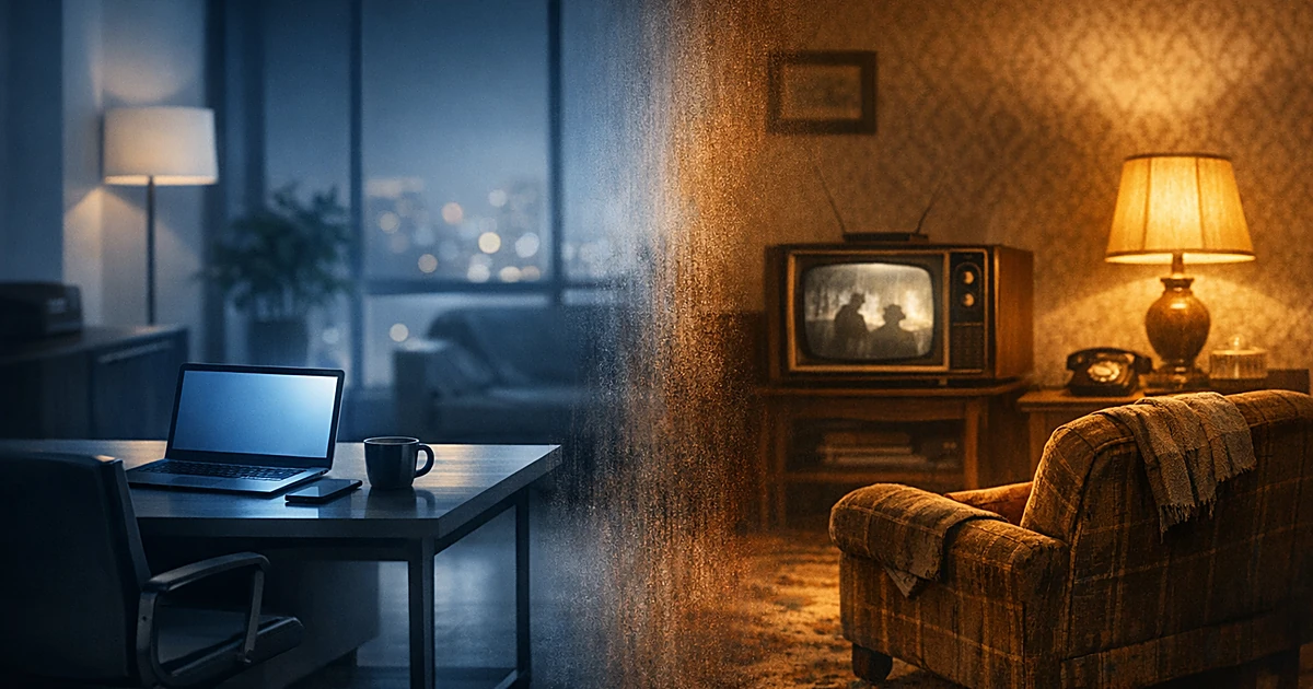 Split scene contrasting modern office space with vintage 1950s living room, separated by temporal divide