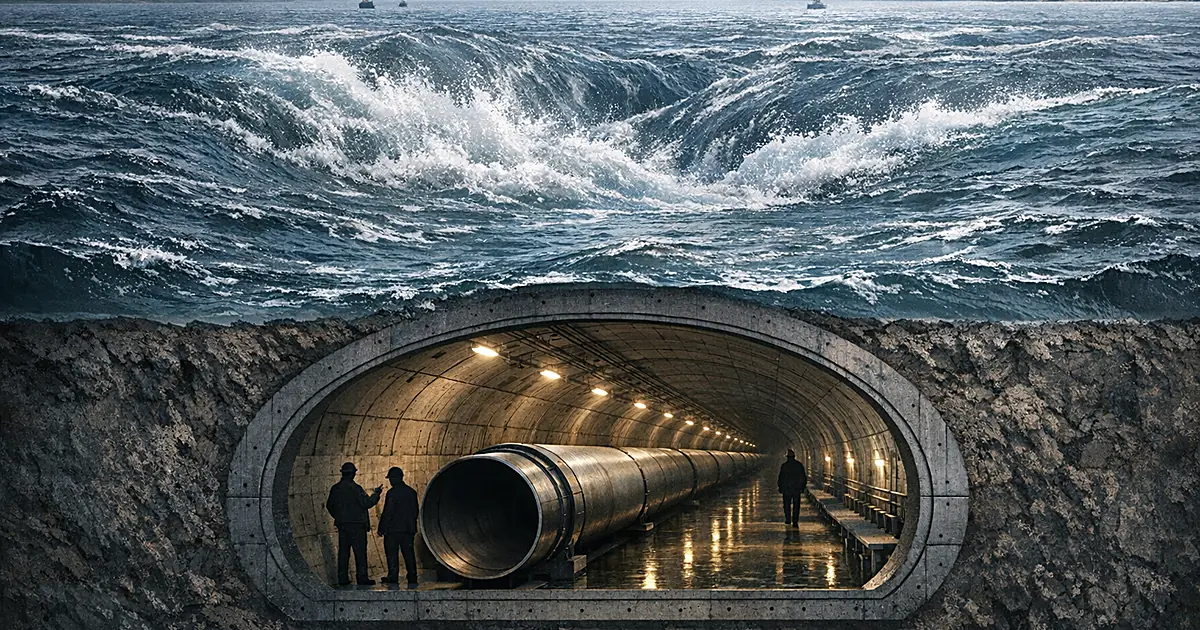 Cross-section of pipeline tunnel beneath straits where two lakes meet, showing industrial infrastructure underwater