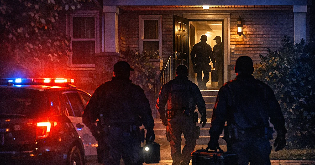 Police vehicle with emergency lights illuminating residential home entrance at night with officer silhouettes approaching