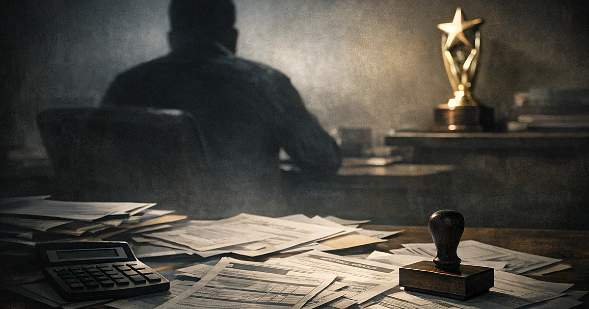 Silhouetted figure at desk with scattered medical billing documents and award trophy in shadows
