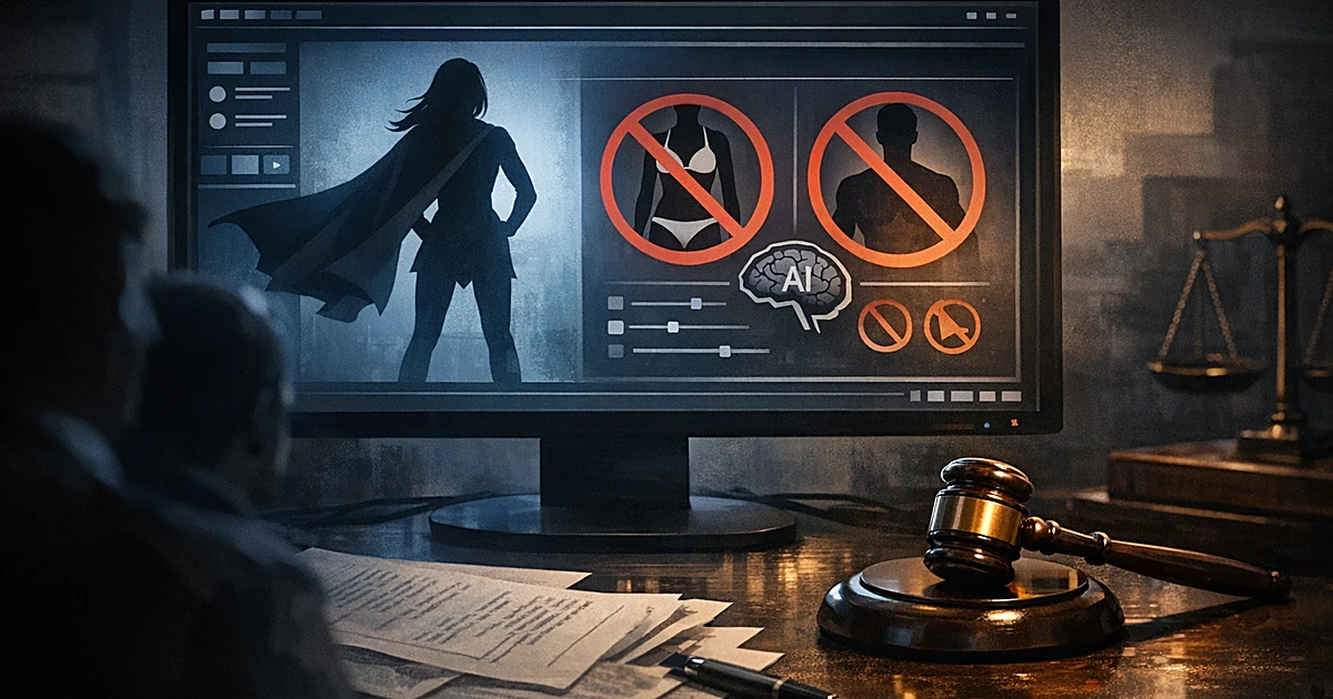 Computer screen showing superhero silhouette illustration with AI interface and legal warning symbols on desk with gavel