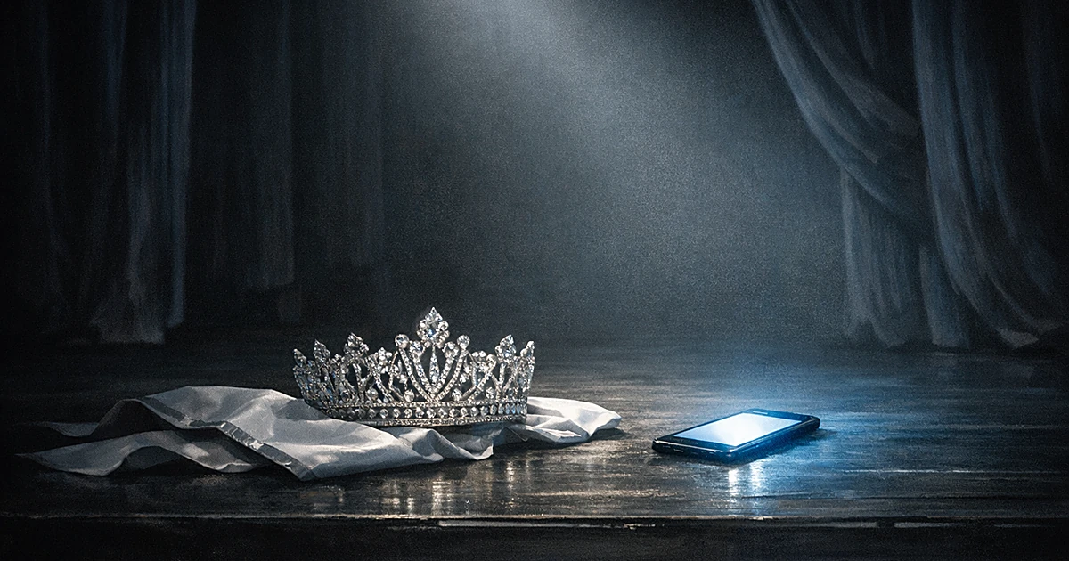 Empty pageant crown and sash on dark stage with smartphone nearby under spotlight