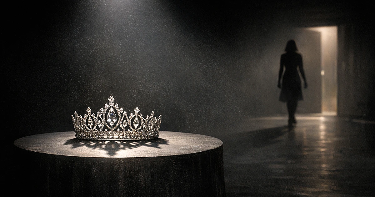 Empty pageant crown on pedestal under spotlight as silhouetted figure exits stage in darkness