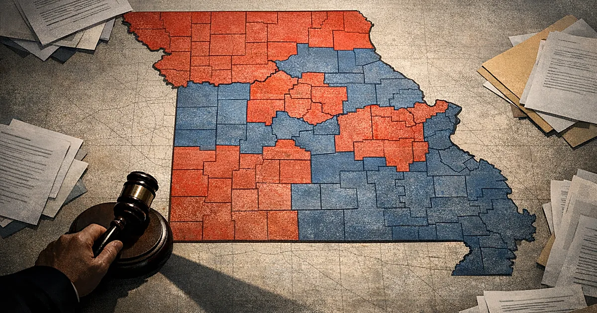 Overhead view of Missouri congressional district map on table with gavel and hand silhouette casting shadow