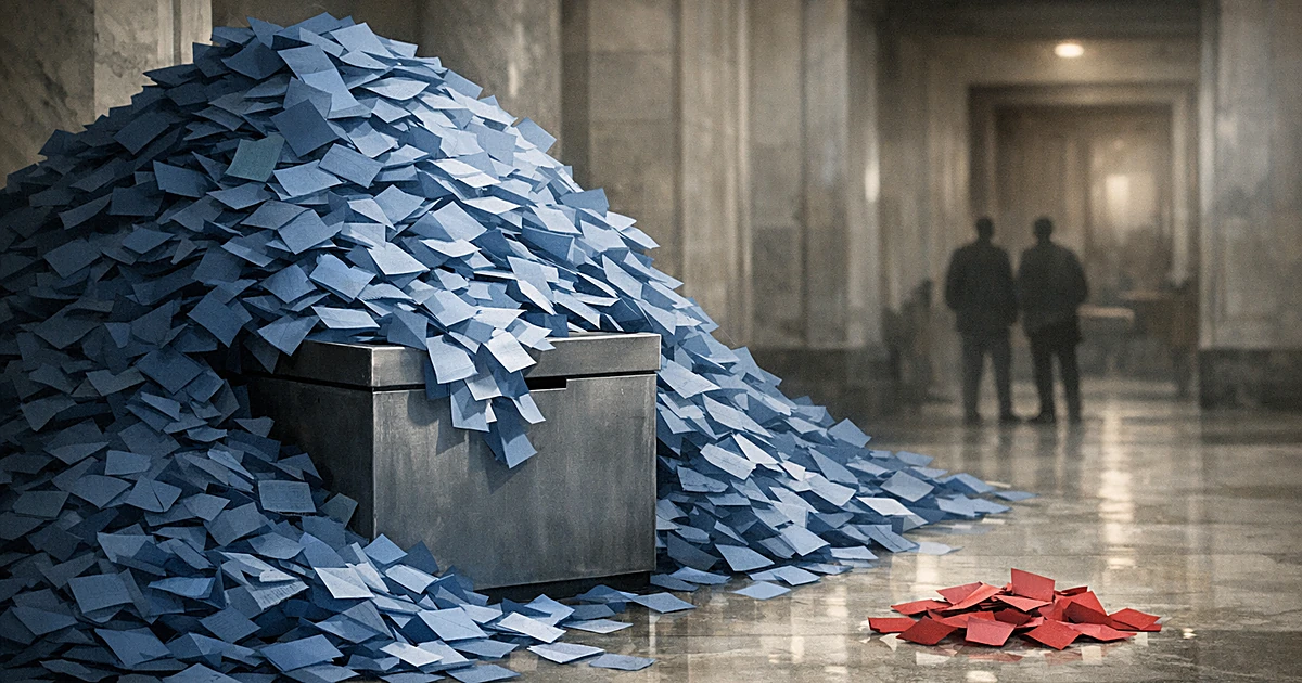 Ballot box overflowing with blue papers overwhelming a small pile of red papers showing lopsided voting results