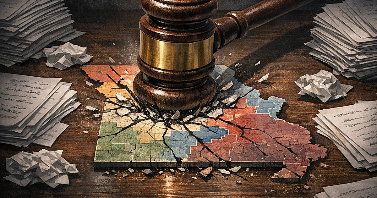 Gavel striking down on Missouri congressional district map with scattered petition papers around it