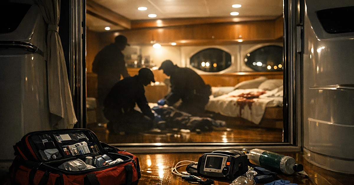 Emergency medical equipment scattered inside a yacht cabin at night with EMT silhouettes working in background