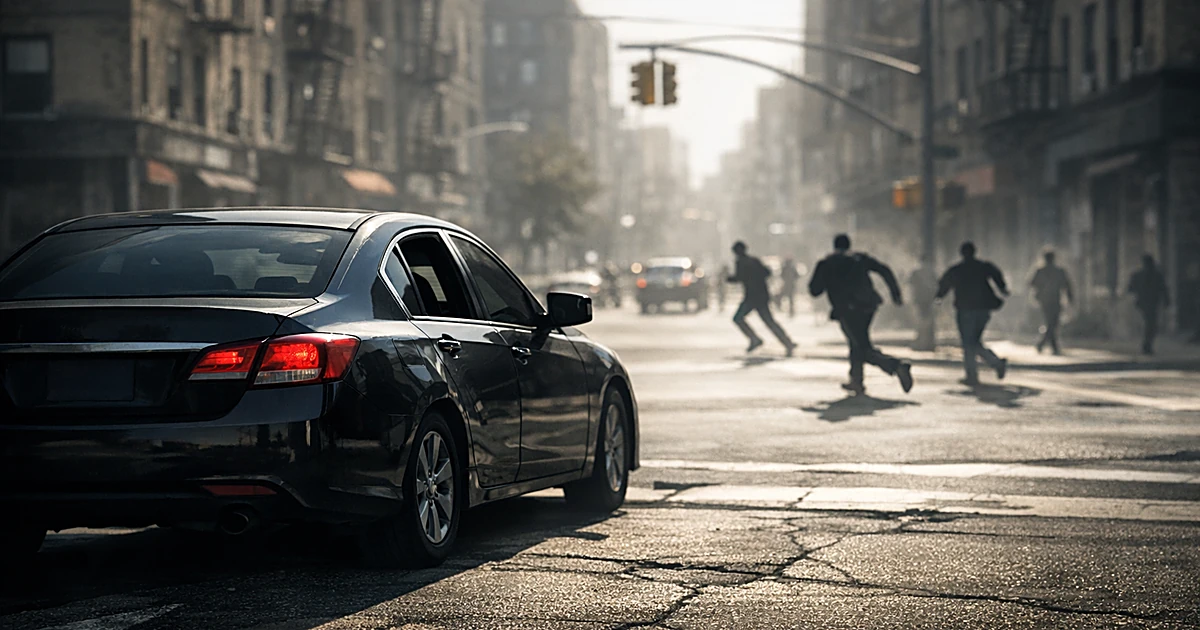 Dark sedan with rolled-down window on urban street corner with distant silhouettes of people in background