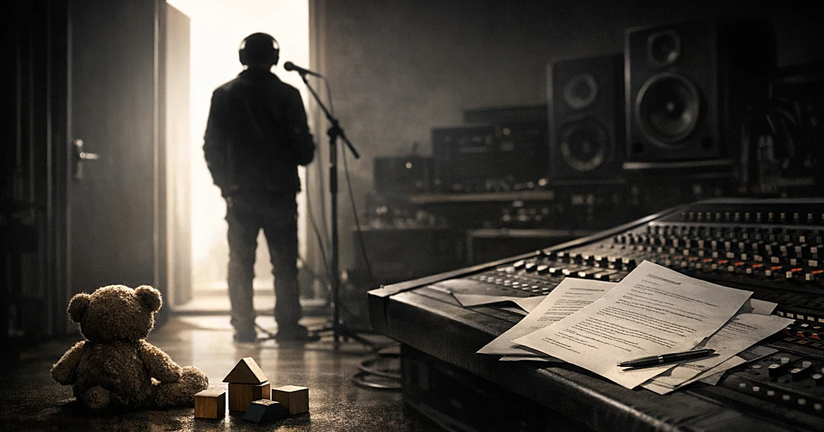 Silhouetted musician in studio with children's toys in foreground and legal papers on console