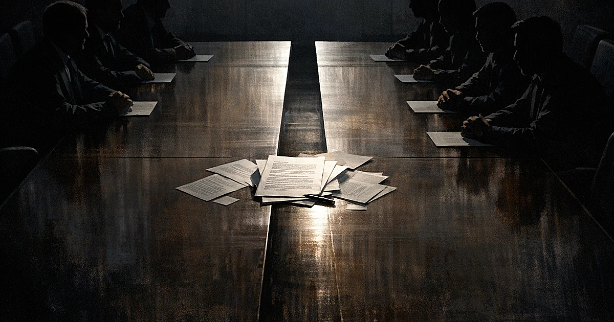 Silhouetted figures seated on opposite sides of conference table with documents between them showing political division