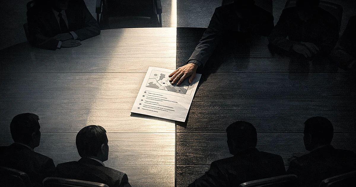 Aerial view of divided conference table with document being pushed away, showing rejection through light and shadow