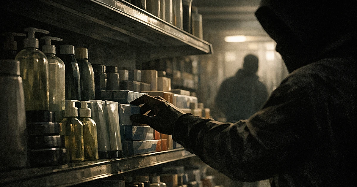 Silhouetted hand reaching toward toiletries on store shelves in dramatic lighting