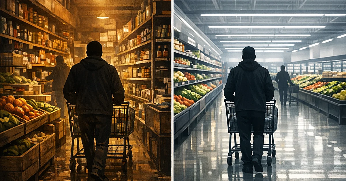 Split view of small traditional grocery store beside larger modern municipal supermarket with silhouetted shoppers