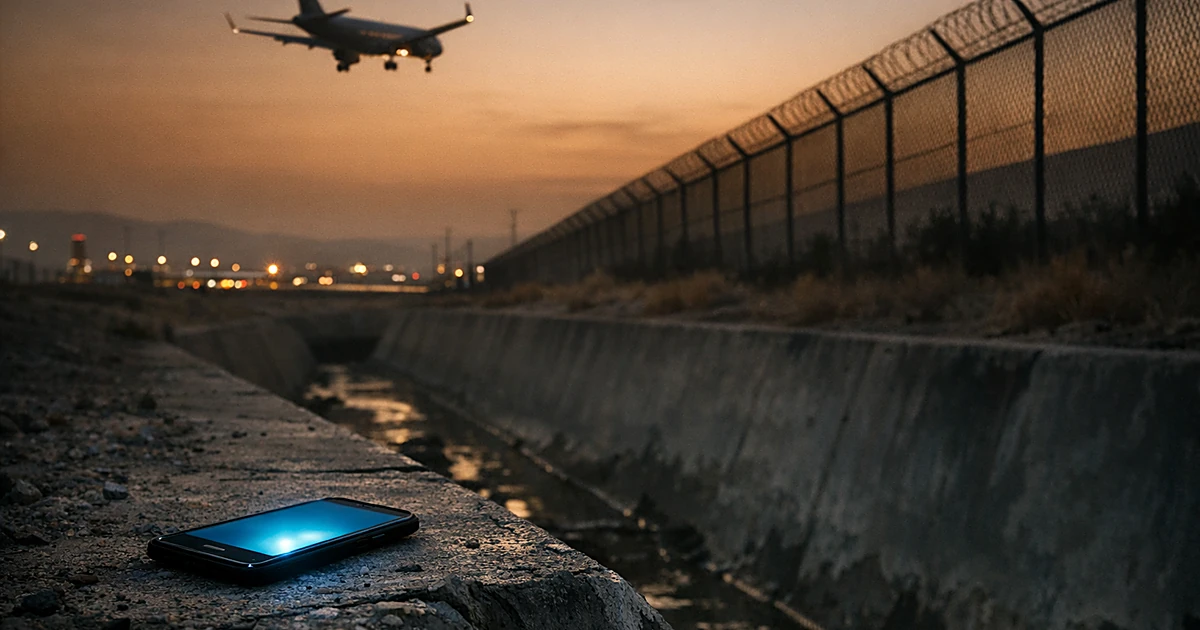 A glowing smartphone lies abandoned beside an airport drainage ditch at dusk with plane silhouette overhead