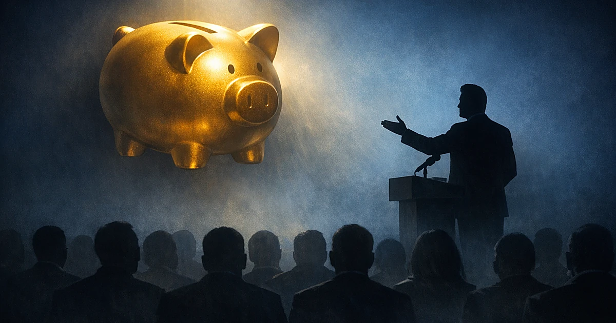 Silhouetted speaker at podium gesturing toward illuminated golden piggy bank with audience silhouettes in foreground