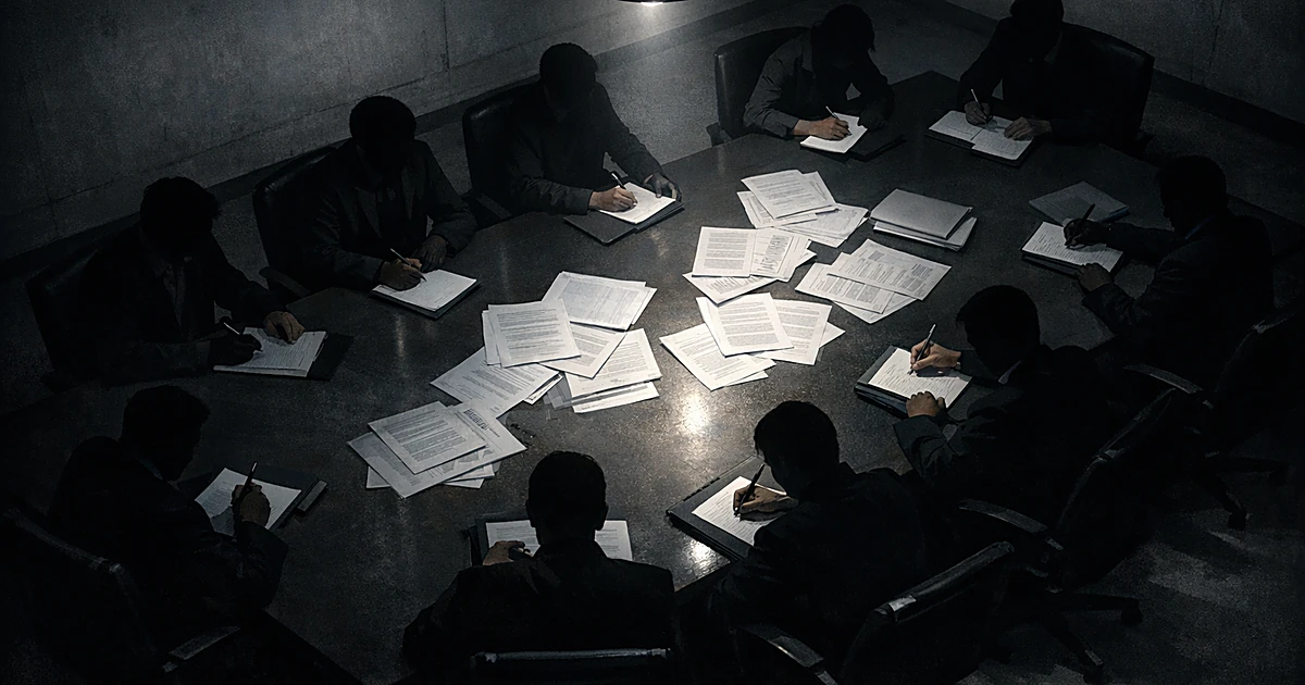 Silhouetted reporters at table with papers and pens in controlled room setting with dramatic overhead lighting