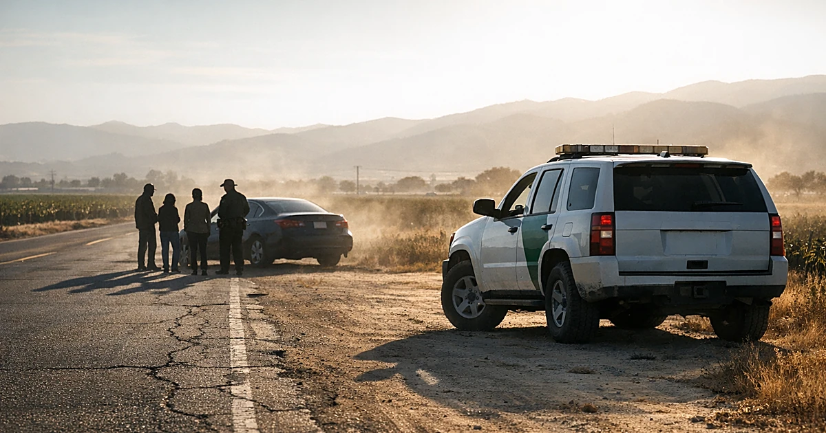 Border Patrol vehicle conducting roadside stop with silhouetted figures near civilian car on rural California highway