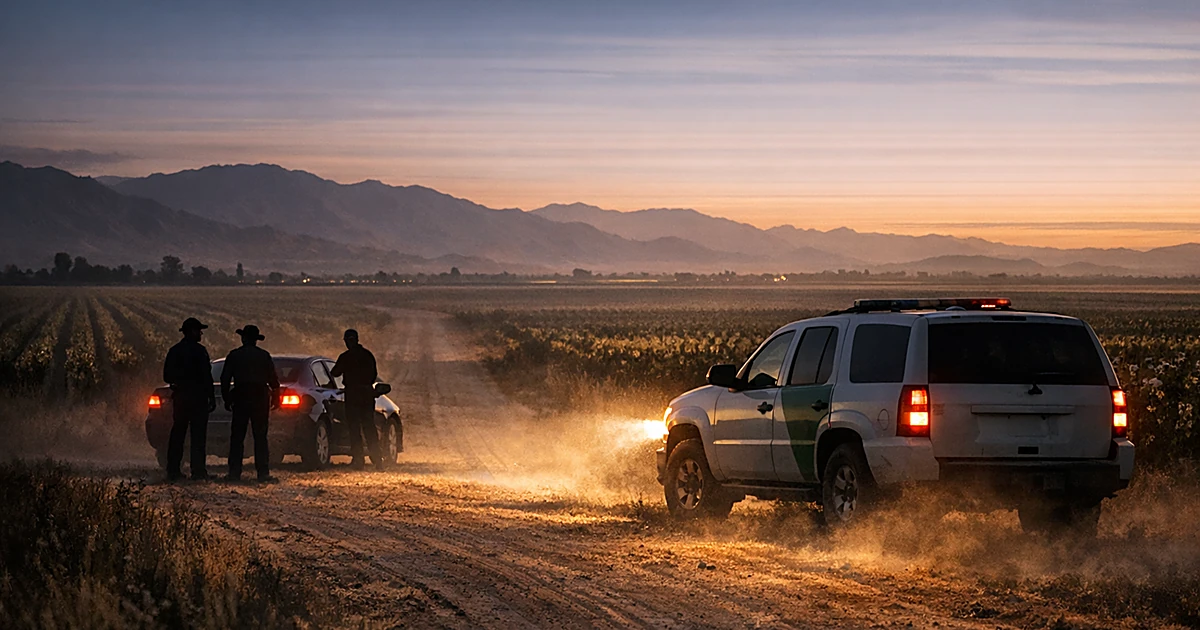 Border Patrol vehicle stopped on rural California farm road with silhouetted figures and agricultural fields at dusk