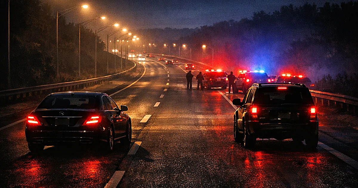 Dark interstate highway at night with silhouetted vehicles and emergency lights in the distance