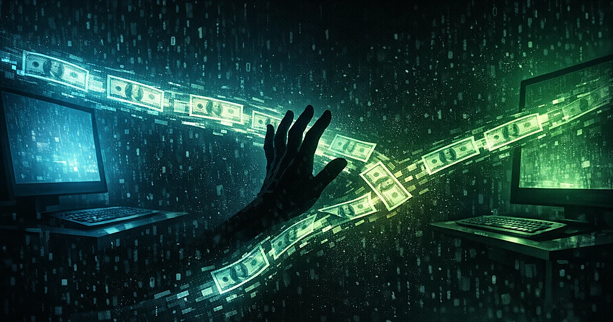 Digital money stream being intercepted by shadowy hand in dark cyberspace between two computer terminals