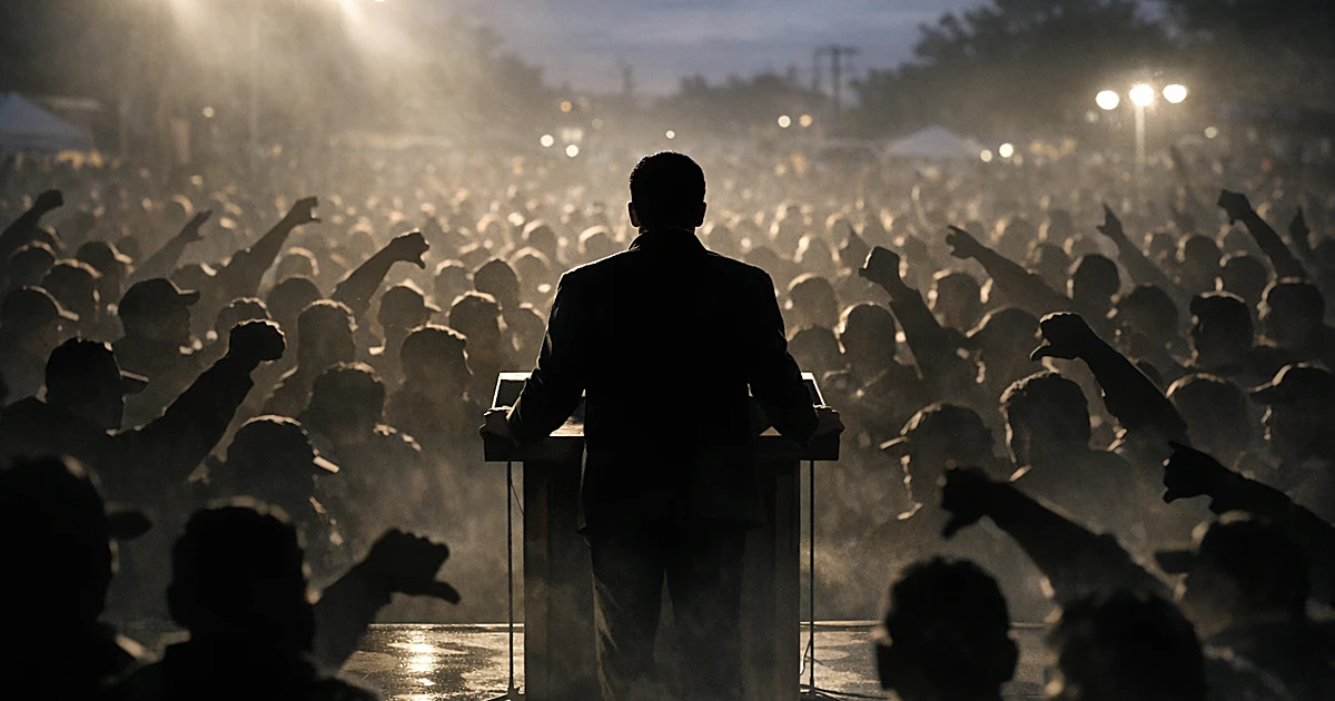 Silhouetted speaker at podium facing large crowd of people with raised arms in hostile gestures