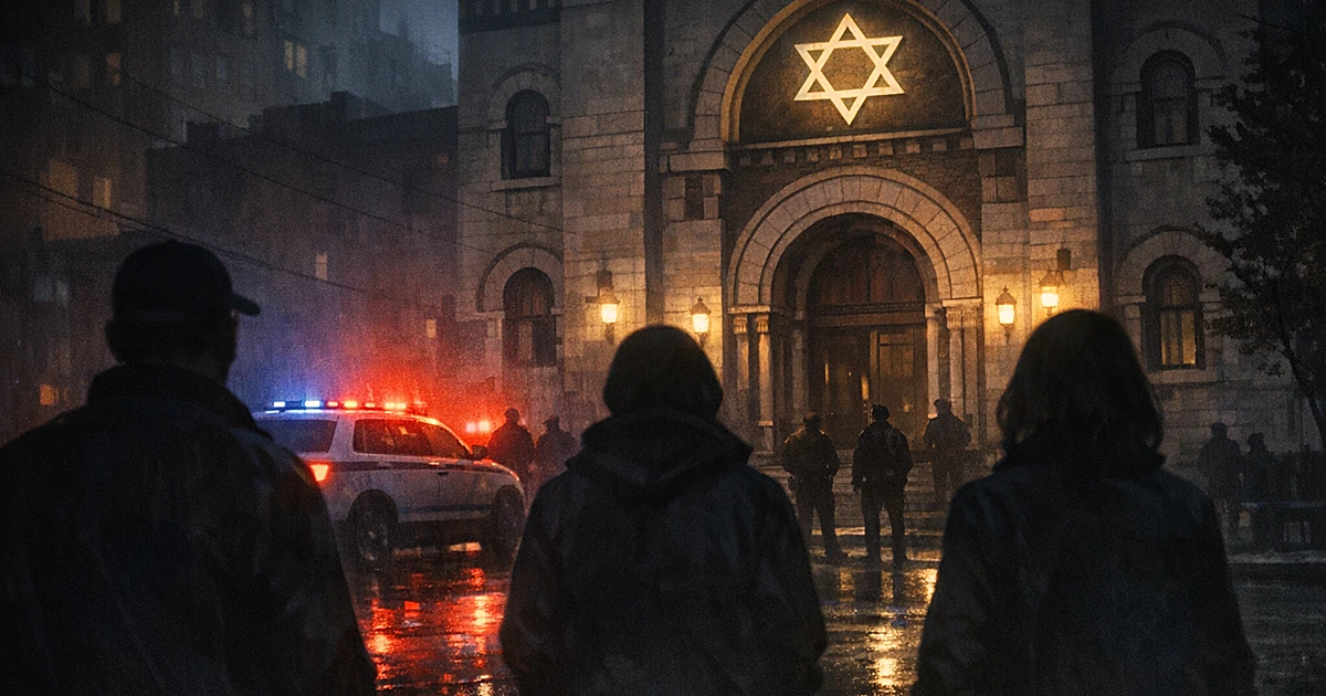 Silhouettes face a synagogue at dusk with police vehicle lights reflecting on wet pavement
