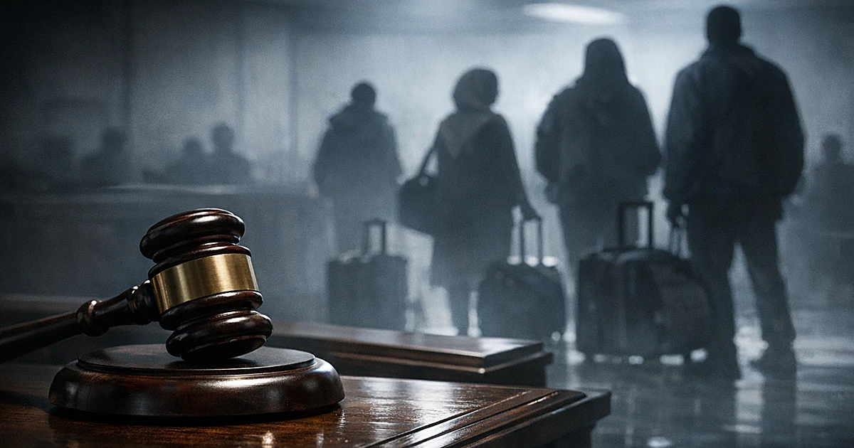 Judge's gavel on bench with silhouettes of people holding luggage in background, suggesting immigration legal proceedings