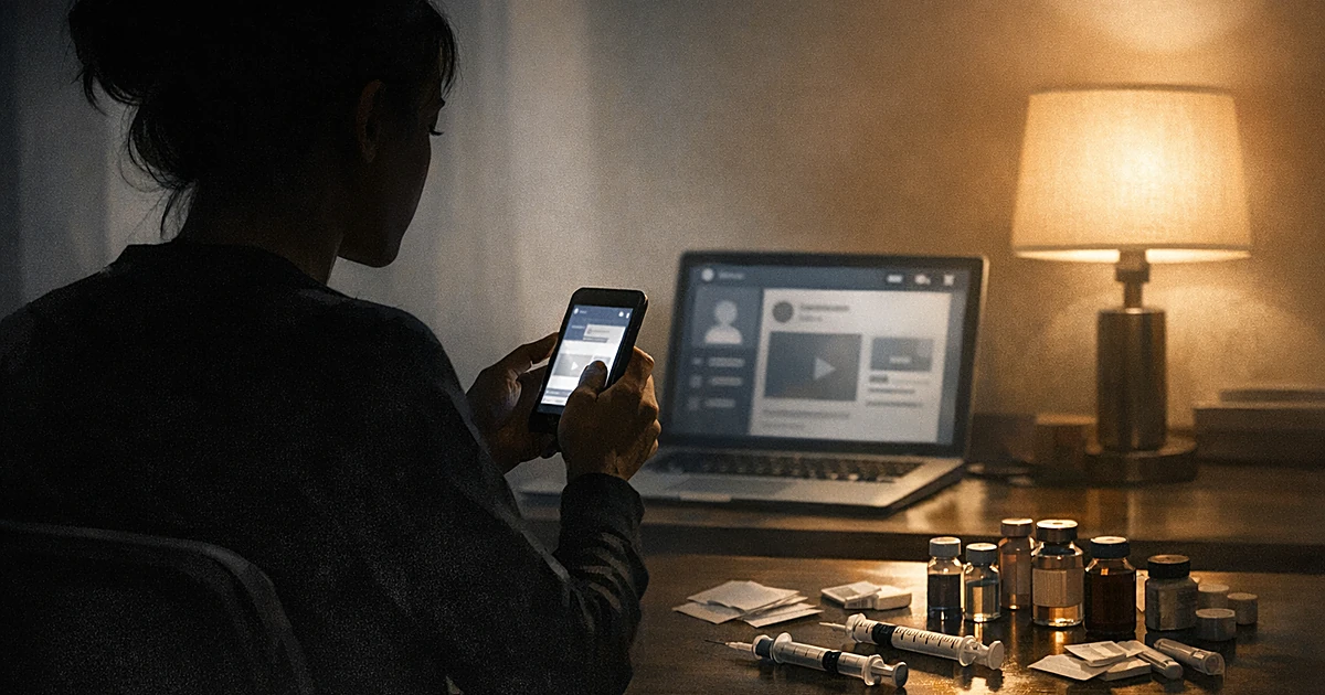 Silhouette at desk with smartphone, surrounded by medical vials and fertility treatment supplies in warm lighting