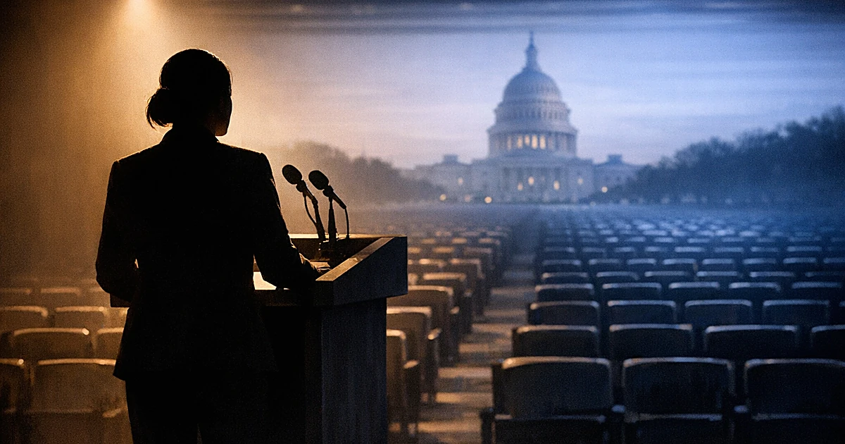 Silhouette at podium facing empty auditorium with Capitol dome in distance, split lighting between warm and cool tones