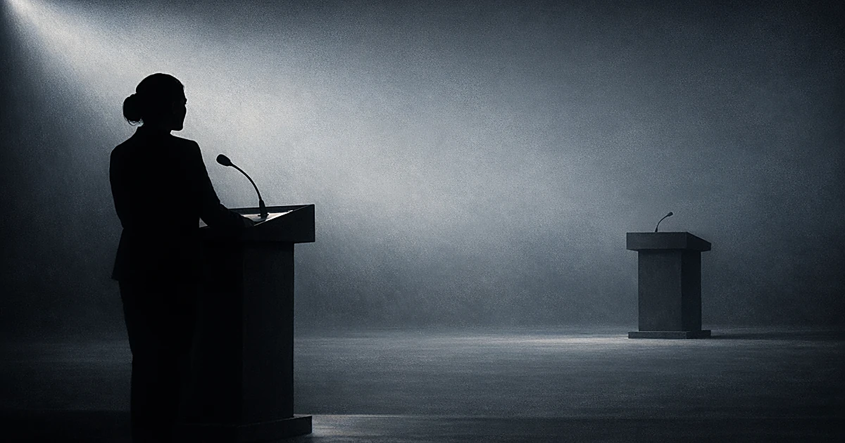 Two podiums on a stage, one occupied by a silhouette, the other empty and distant, symbolizing political distance