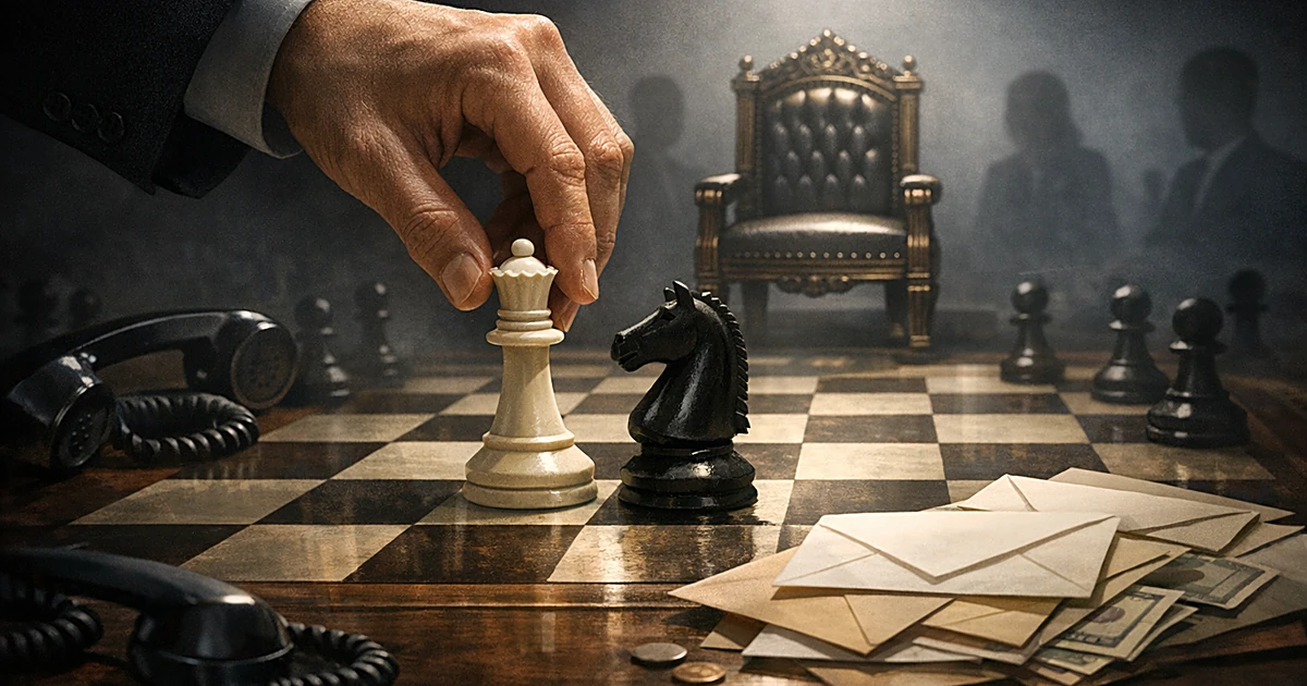 Hand moving chess pieces to block opponent's advance toward congressional seat, with phones and envelopes nearby