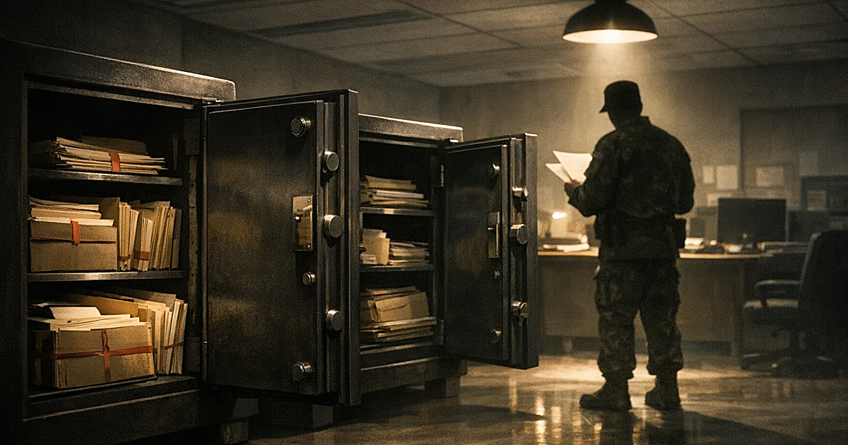 Open safes containing classified documents in a shadowy Pentagon office with silhouetted figure examining papers