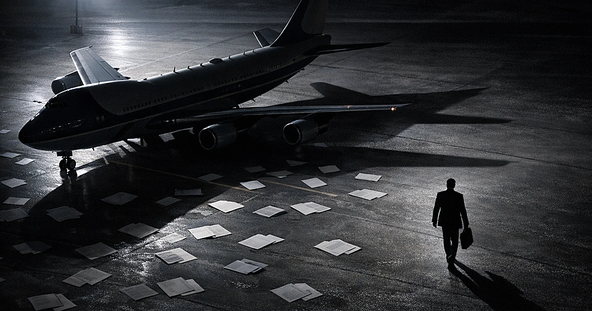 Silhouette of presidential aircraft on tarmac with scattered documents and lone figure walking away into darkness