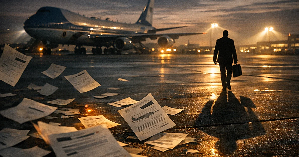 Silhouetted figure walking away from presidential aircraft with classified documents scattered on tarmac