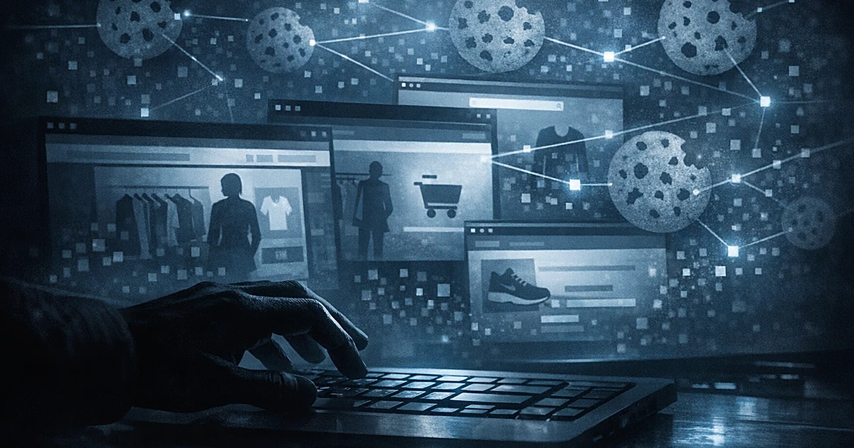 Silhouetted hand at computer with shopping websites and floating digital cookies representing online tracking fraud
