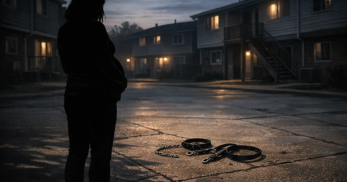Silhouette of pregnant woman from behind facing abandoned dog leashes in apartment complex courtyard at dusk