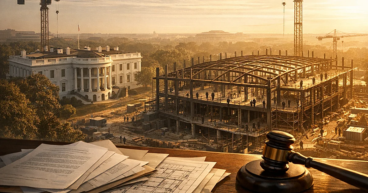 Aerial view of massive ballroom construction site next to white building with legal documents and gavel in foreground