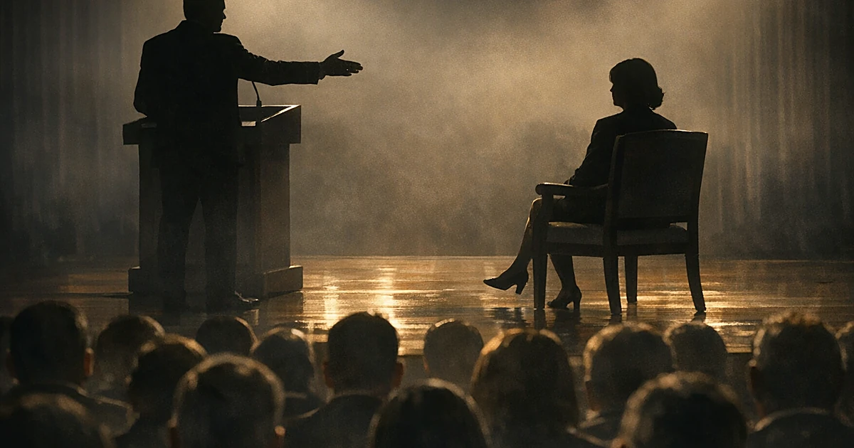 Silhouetted figures on stage with one at podium gesturing toward seated figure, audience visible from behind