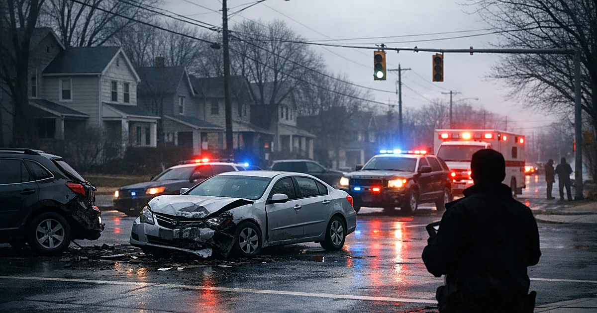 Two damaged vehicles at urban intersection with emergency lights, silhouetted figure documenting crash scene