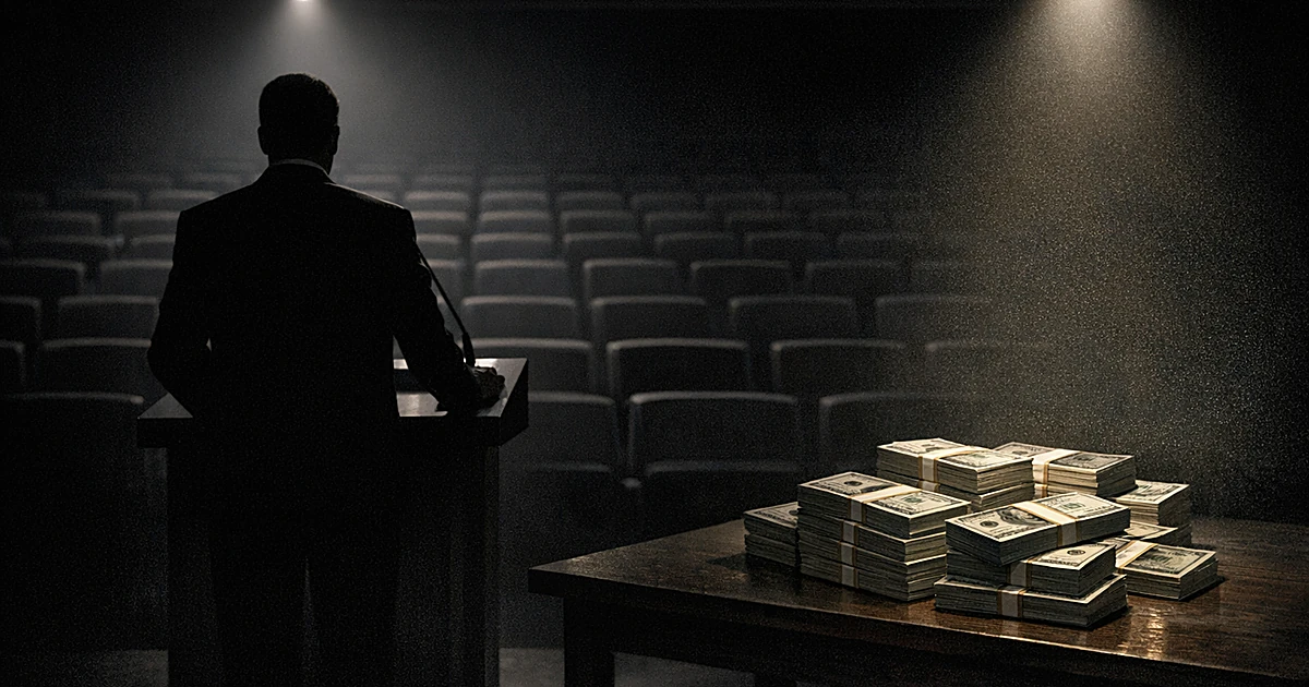 Silhouetted figure at podium in empty auditorium with stacks of cash illuminated by spotlight