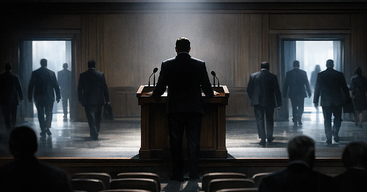 Silhouetted figure alone at podium as shadowy figures walk away toward exits in dimly lit government chamber